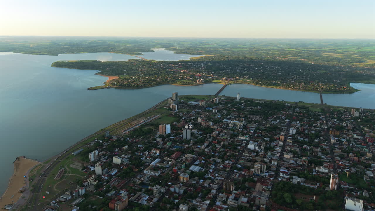 Aerial view of Encarnacion City, Paraguayan waterfront town, border with Argentina across Paraná river