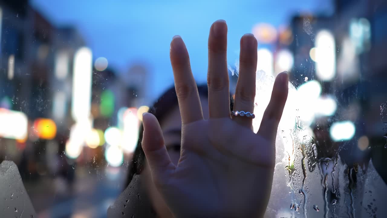 A Solitary Hand Against a Rain-Soaked Window, Capturing a Moment of Reflection and Longing Amidst the City Lights in the Background