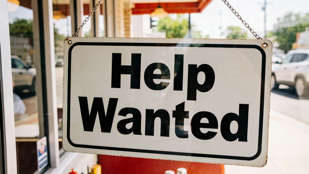 Swaying Help Wanted sign hanging from short metal chain at storefront, being nudged by passing cars