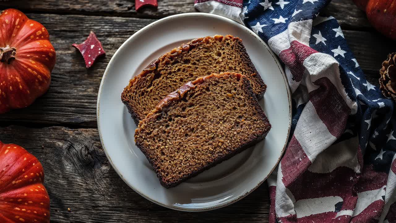 pan de calabaza con bandera estadounidense y calabazas