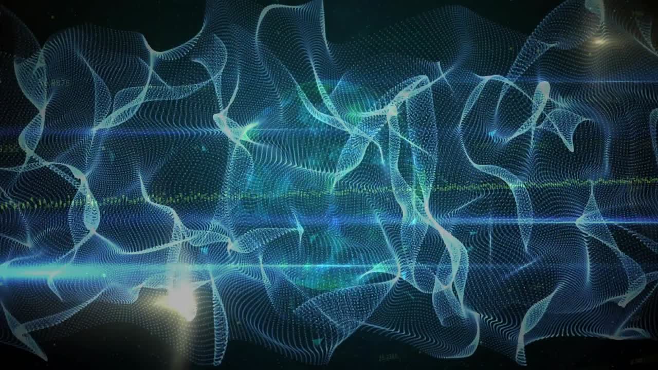 Faint glowing points emerging forming undulating mesh while blue bands sweeping frame looping