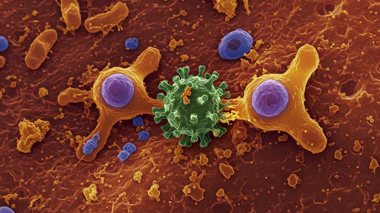 Detailed Microscopic View of Cellular Interaction Featuring a Virus and Immune Cells: A Fascinating Exploration of Microbial and Immune Response Dynamics
