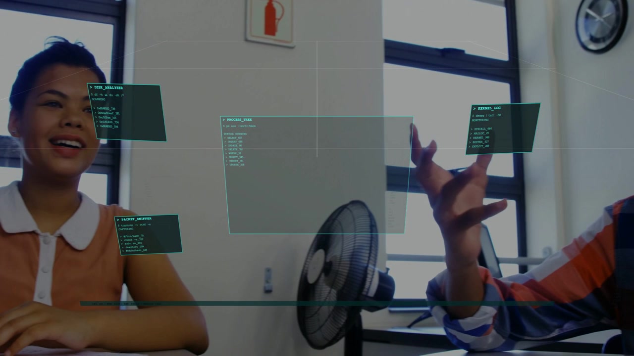 Striped boy speaking causing green HUD appearing over paper peers writing and gesturing for class