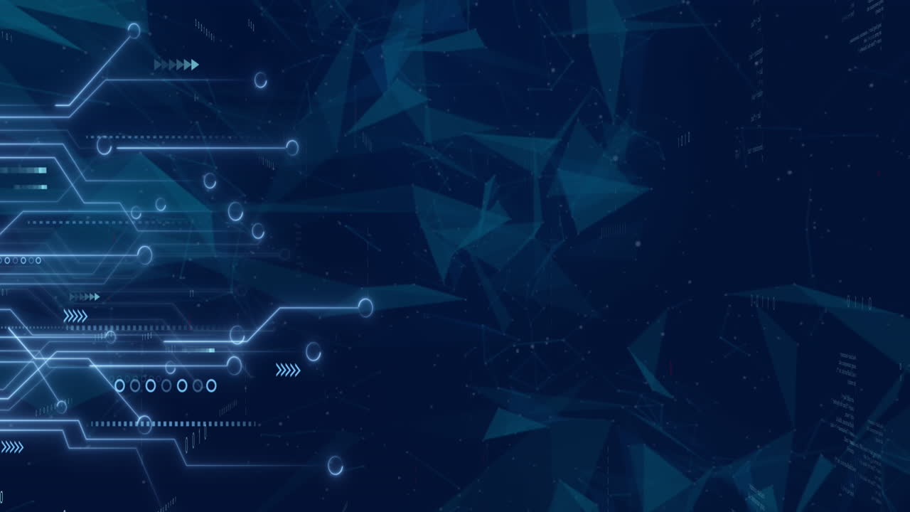 Animation of circuit board and data processing over dark background