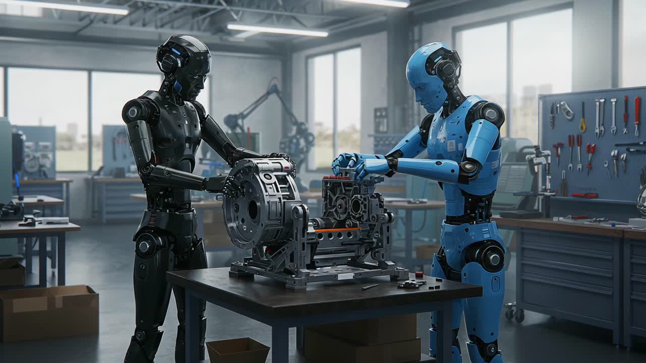Two Advanced Robots Collaborating in a Modern Workshop, Engaging in Precision Mechanical Assembly While Showcasing Innovative Robotics Engineering Techniques