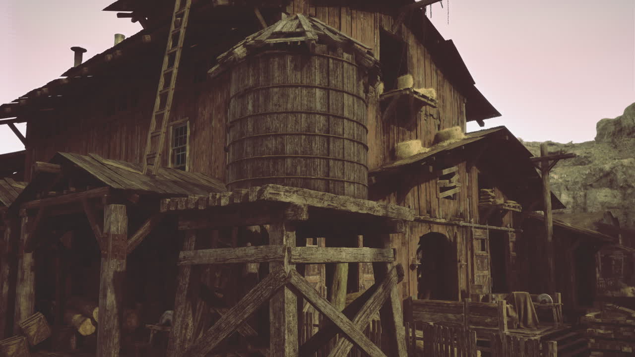 Wooden structure with water tower and rustic details in a desert setting