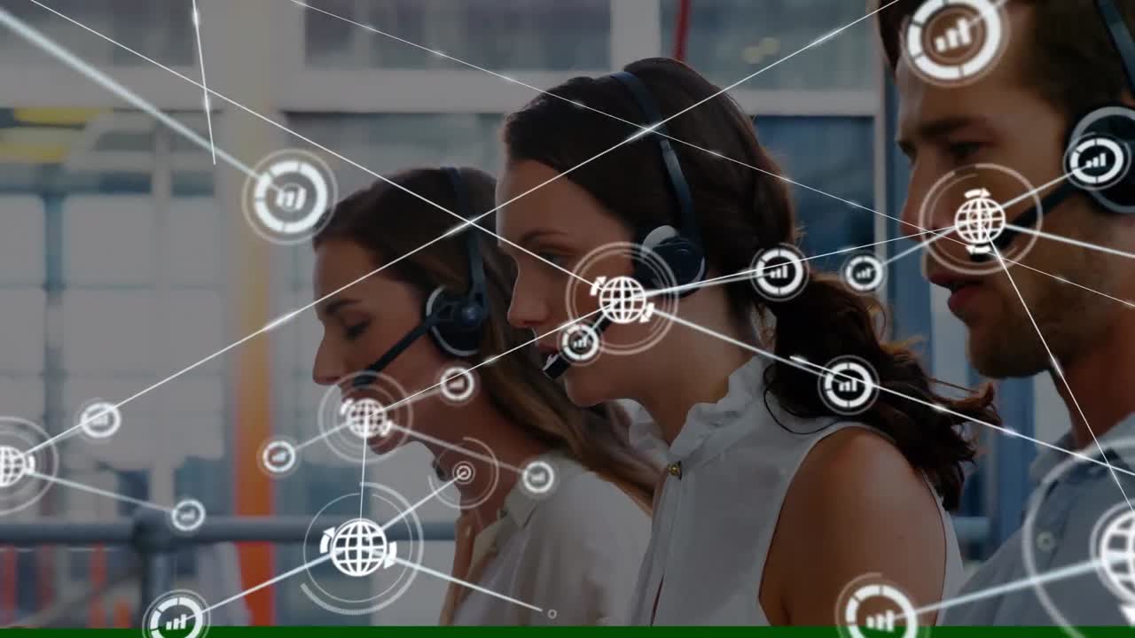 animación de la red de conexiones e iconos sobre personas de negocios que usan auriculares