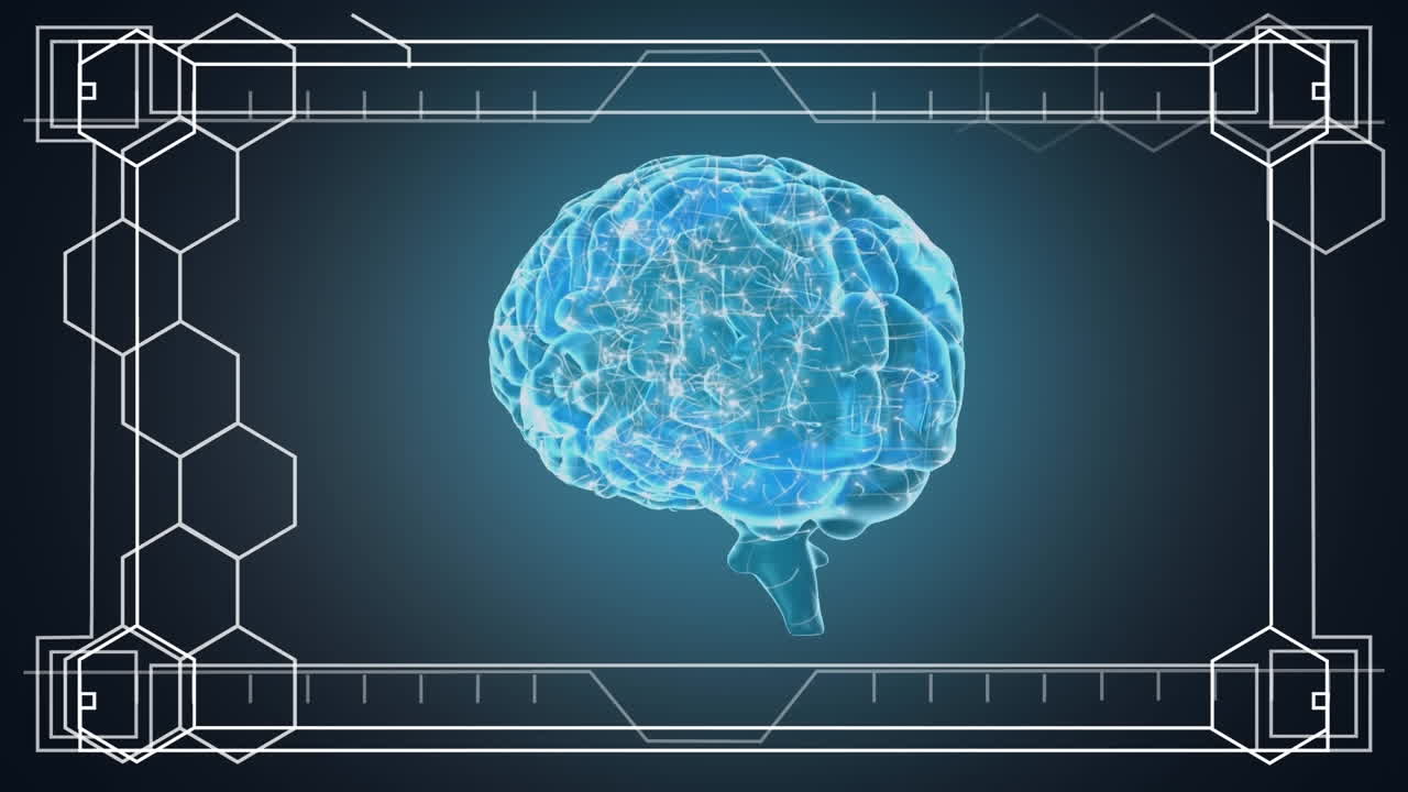 Animation of human brain and data processing over dark background