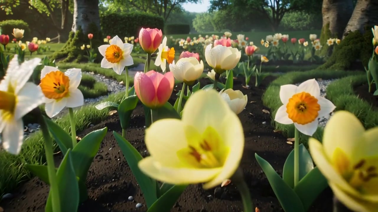 Tracking camera moving toward centered tulip and daffodil cluster in sunlit bed, revealing stamens