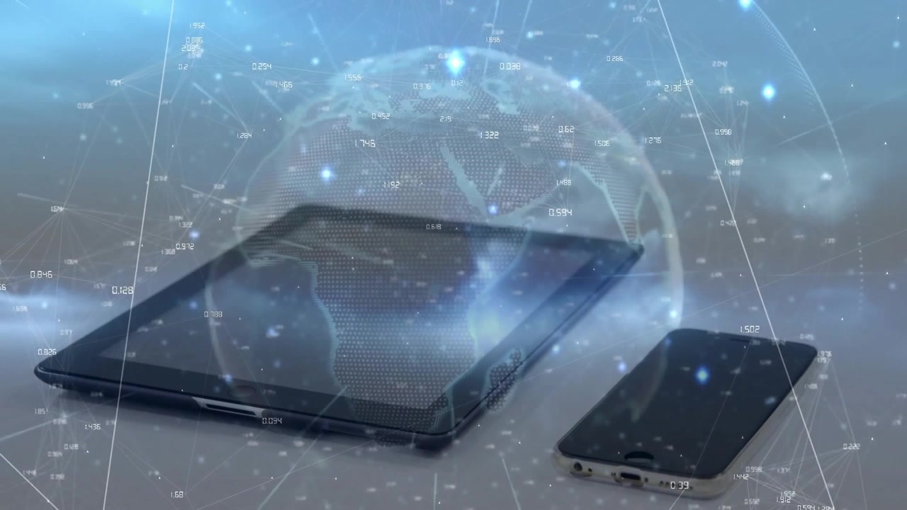 Küre belirip dönerken tablet yukarı kayıyor ve telefon beliriyor, bağlantılarla büyüyen ağ