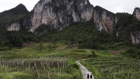 escaladores de montaña caminando hacia el precipicio de la montaña kárstica china, antena