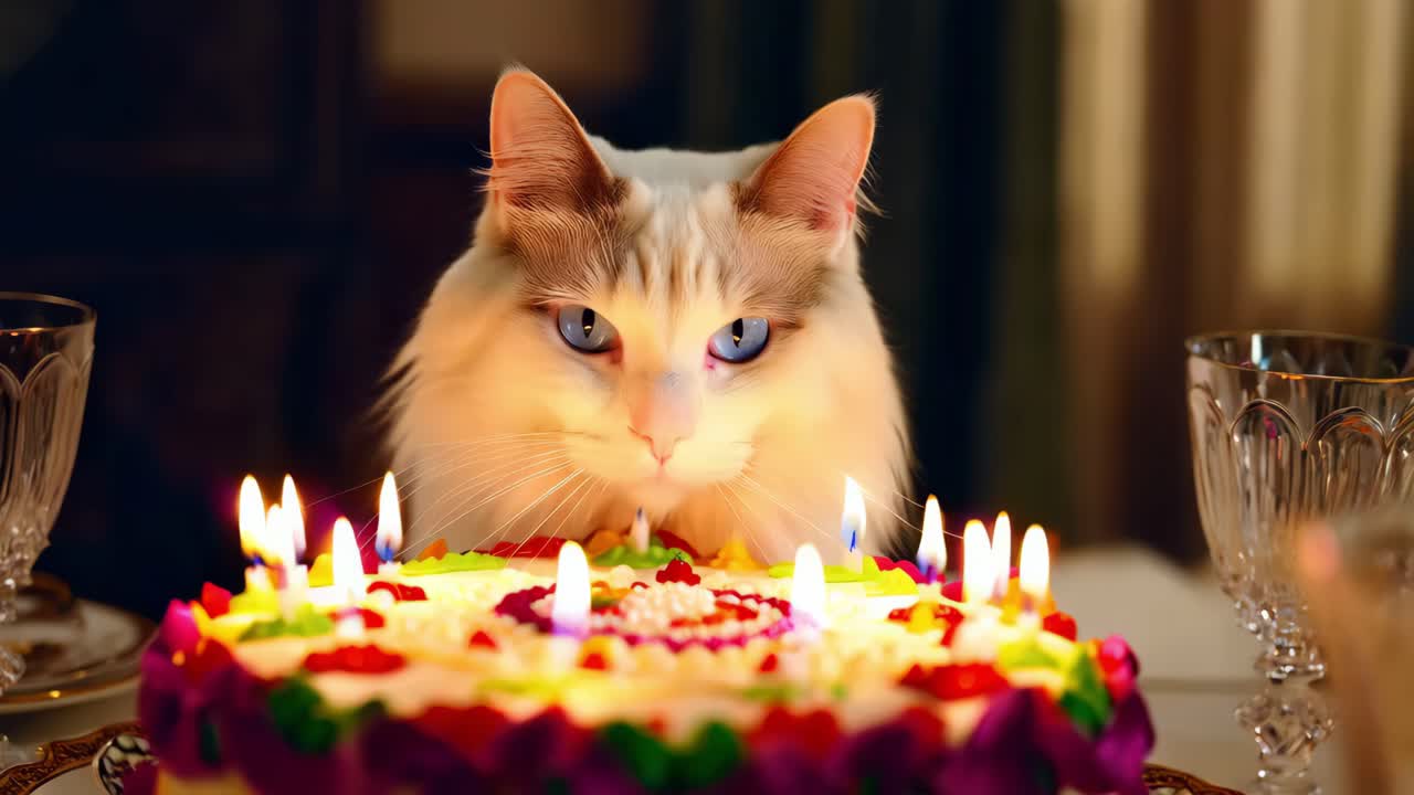 gato de muñeca celebrando su cumpleaños con pastel