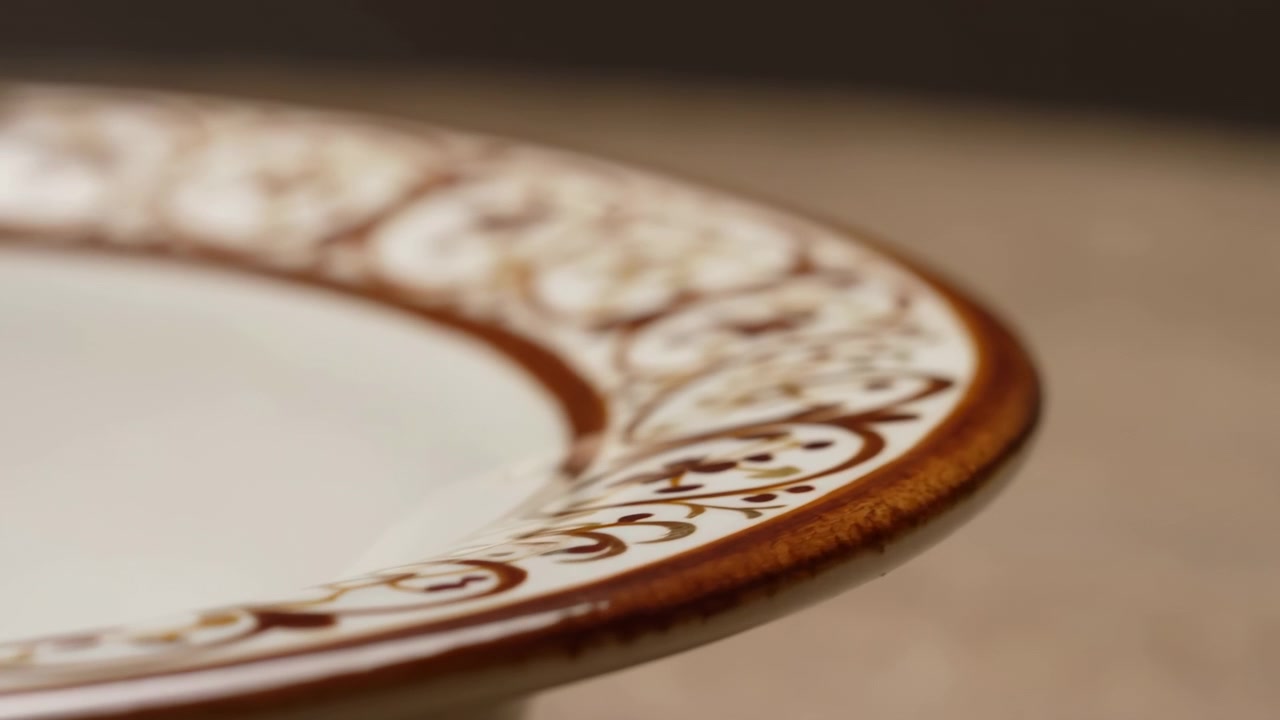 Low angle close view of decorative porcelain plate rim gradually coming into clear focus, highlighting ornate brown and gold scrollwork, glossy white ceramic surface, curved edge, soft reflections