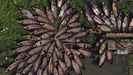 vista aérea de pájaros de pequeños botes de madera atracados en un pantano, bangladesh