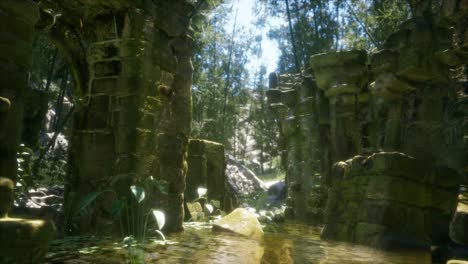 ruined-ancient-stone-house-overgrown-with-plants-and-ferns-in-dense-green-forest