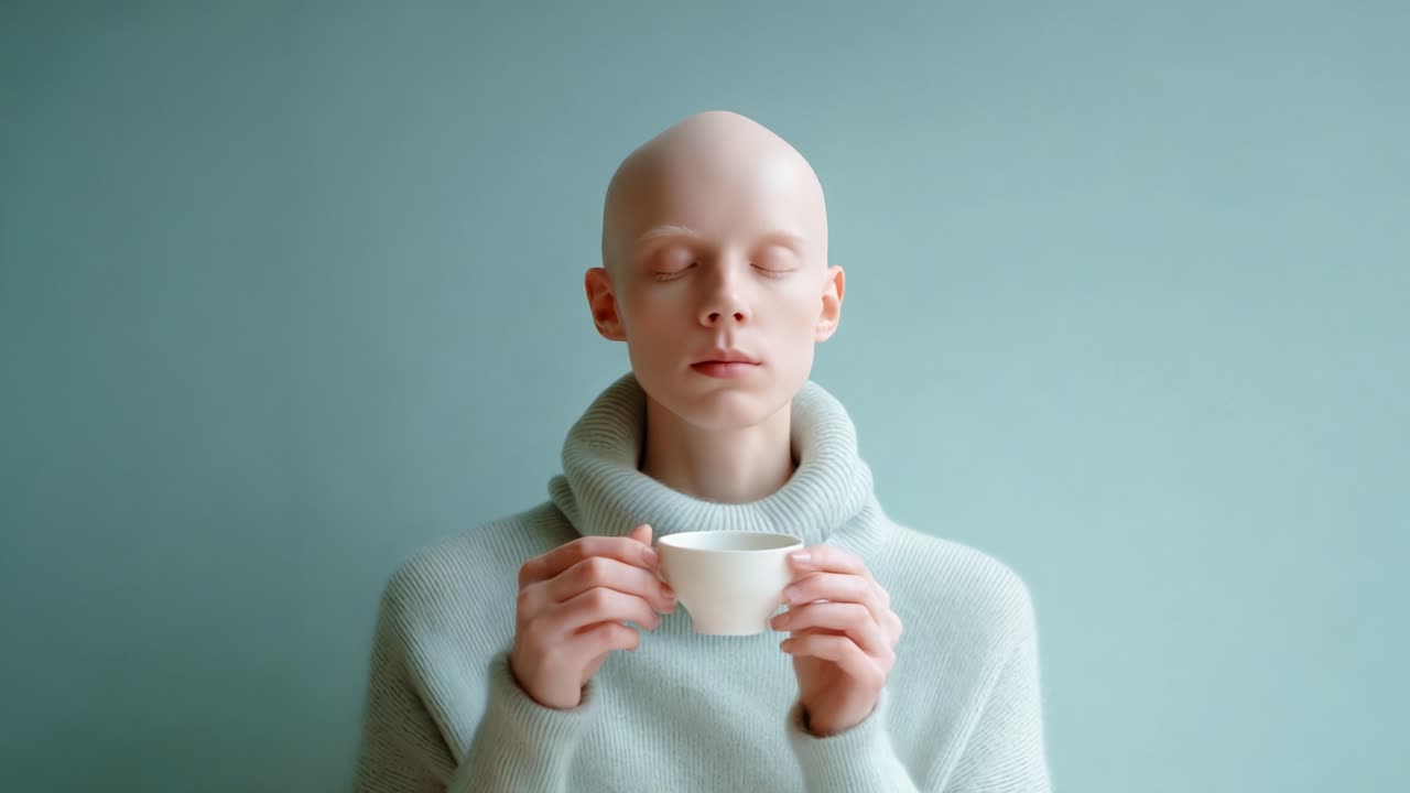 A serene figure, sipping from a delicate cup, embodies tranquility and contemplation, surrounded by soft tones in a minimalistic setting that enhances the calm atmosphere