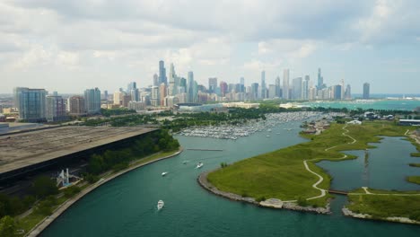 aerial view of chicago skyline on summer day from northerly island