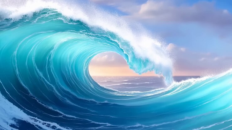 Powerful Blue Ocean Wave Crashing at Sunset Horizon