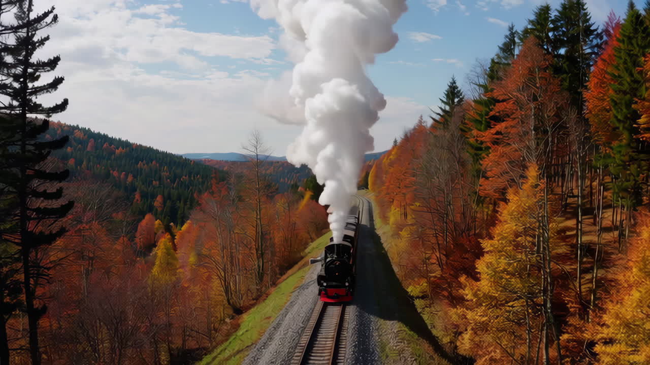 Steam Train Through Autumn Forest