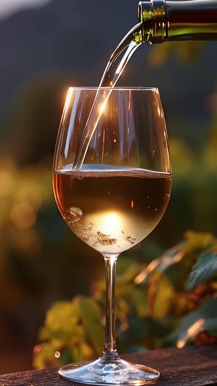 Un bicchiere di vino bianco versato, che cattura le tonalità dorate del tramonto, con riflessi scintillanti e sfondi di vigneti lussureggianti che creano un'atmosfera serena.