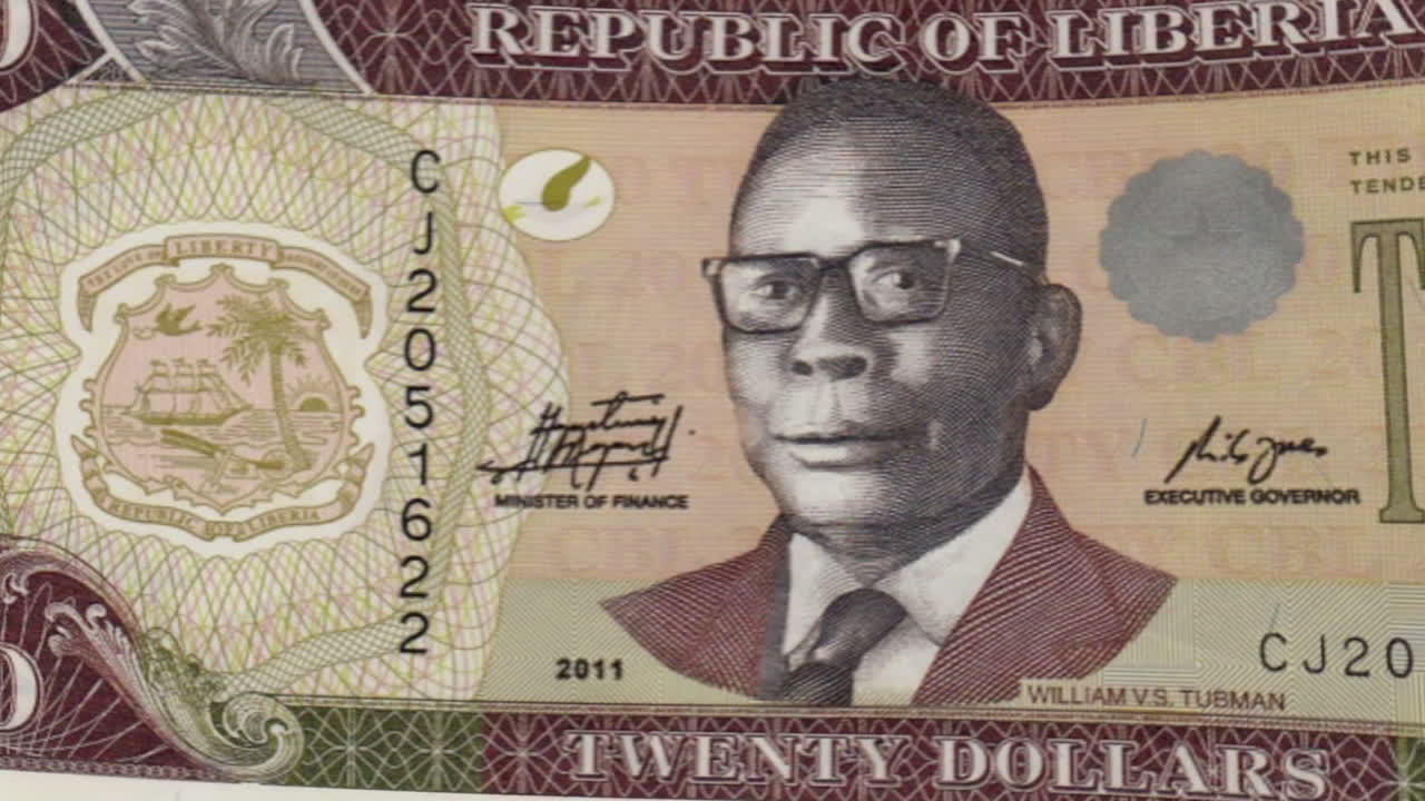 Liberian Twenty Dollar Bill on Green Screen