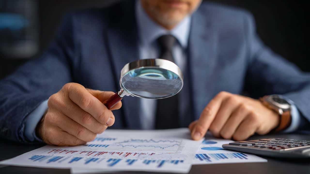 Un professionista esamina report finanziari con una lente d'ingrandimento, analizzando tendenze e approfondimenti sui dati per un processo decisionale informato in un ambiente d'ufficio moderno.