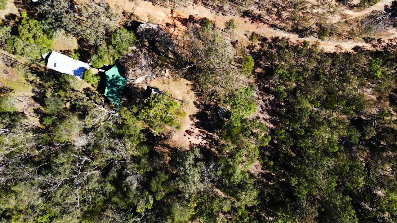 Hikers In Mount Byron, A Rural Locality And Mountain In Somerset Region - Queensland, Australia - top-down descending shot, aerial drone