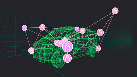 neon green wireframe car model floating in 3d grid space, connecting pink purple user icons