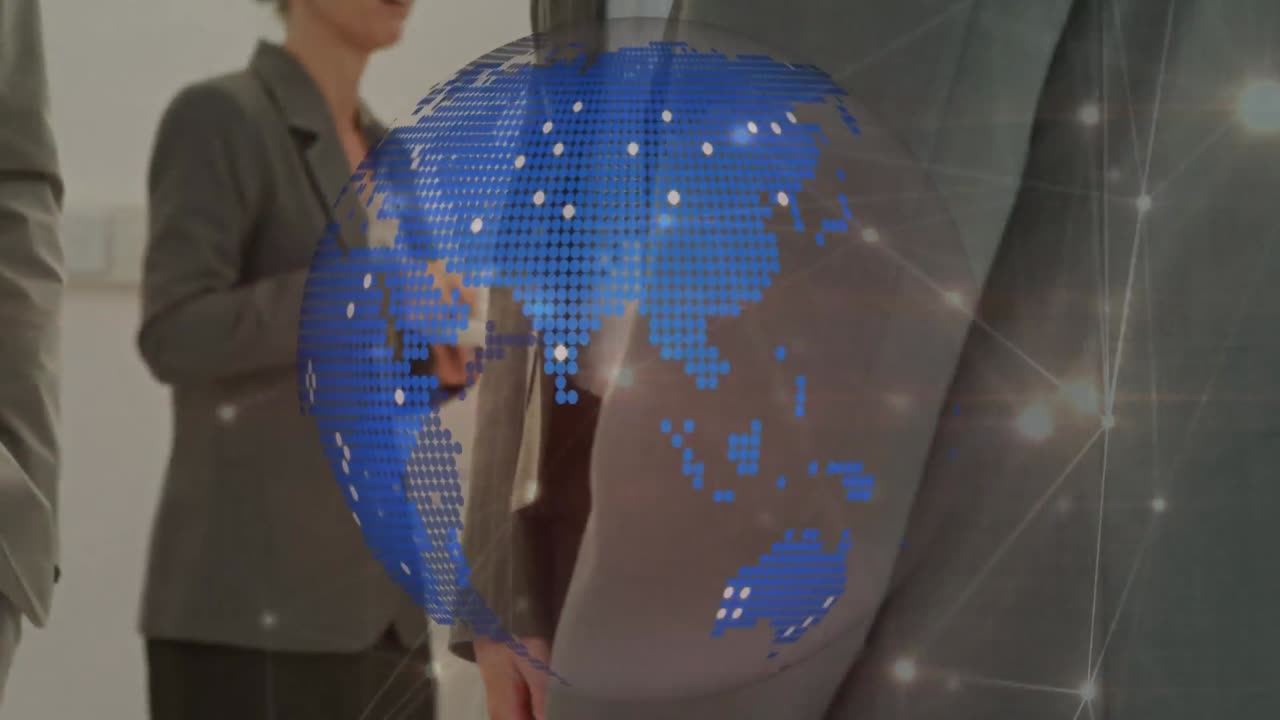 animación del globo sobre la gente de negocios apretón de manos