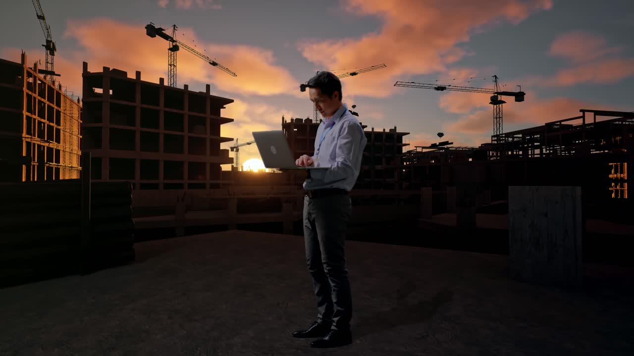 Full Body Side View Of An Asian Male Professional Worker Standing With His Laptop At Construction Site in Progress to New House, Typing On His Laptop'S Keybaord With Meditation