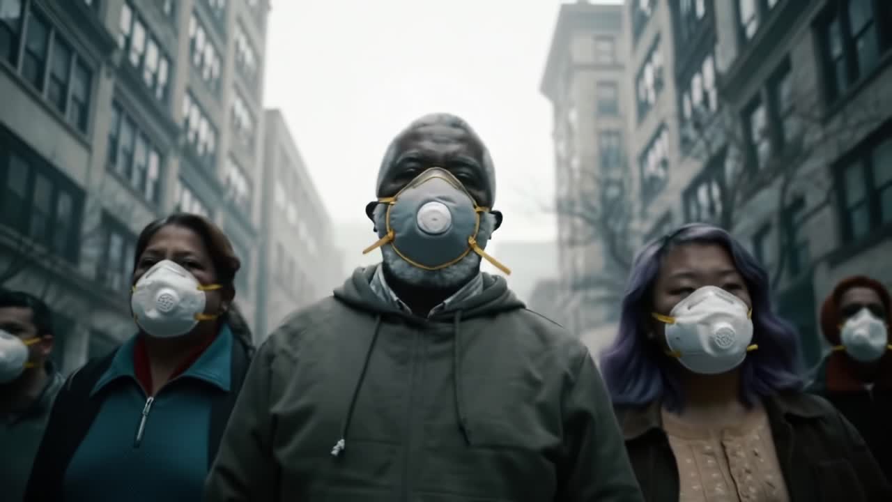 A Diverse Group of Individuals Wearing Protective Masks Confronts the Uncertainty of an Urban Environment Amidst a Hazy Atmosphere