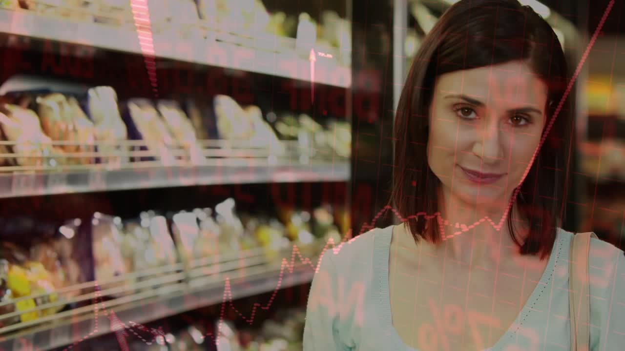 Woman pushing cart and checking list in store, causing red finance overlay tracking costs