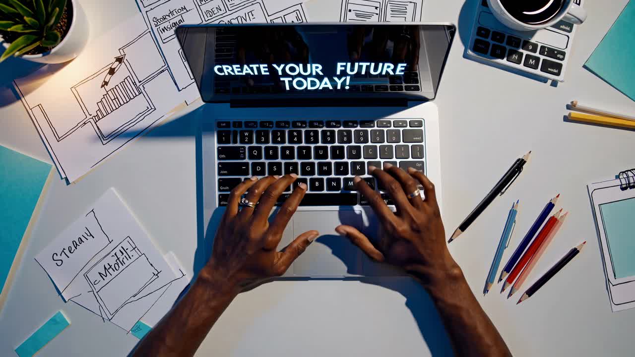 Top-down video shot of hands typing on a laptop with motivational text on screen