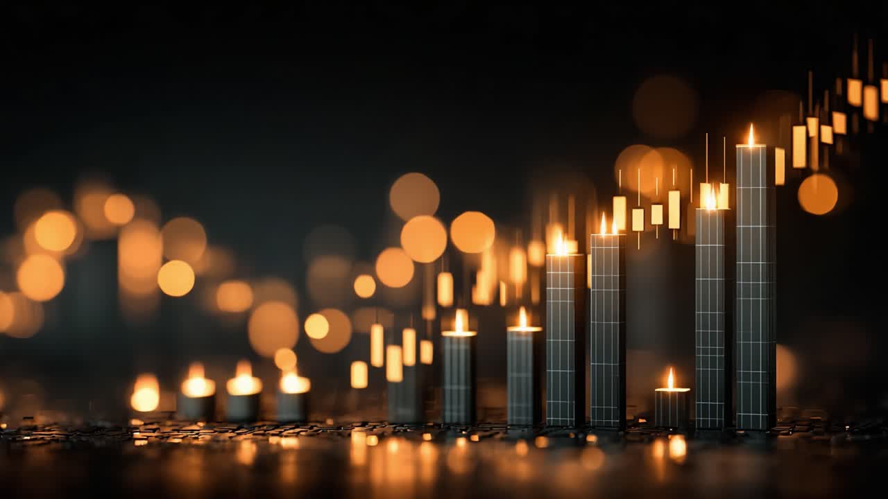 Una panoramica di un mercato finanziario dinamico rappresentato tramite grafici a candele, che mostra una prospera tendenza al rialzo con effetti di luce vibranti che significano crescita.