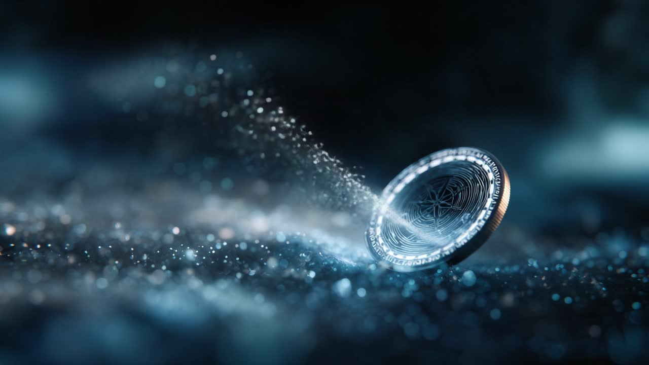 Un ipnotico primo piano di una moneta che gira su uno sfondo blu scintillante, che mette in mostra il suo design intricato e l'effetto magico della luce e delle particelle circostanti