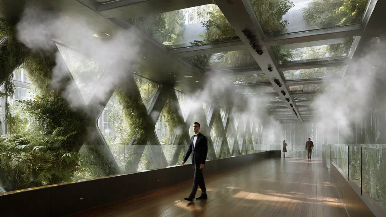 A Serene Journey Through a Lush Botanical Walkway: Embracing Nature’s Beauty Amidst Architectural Innovation in a Modern Space