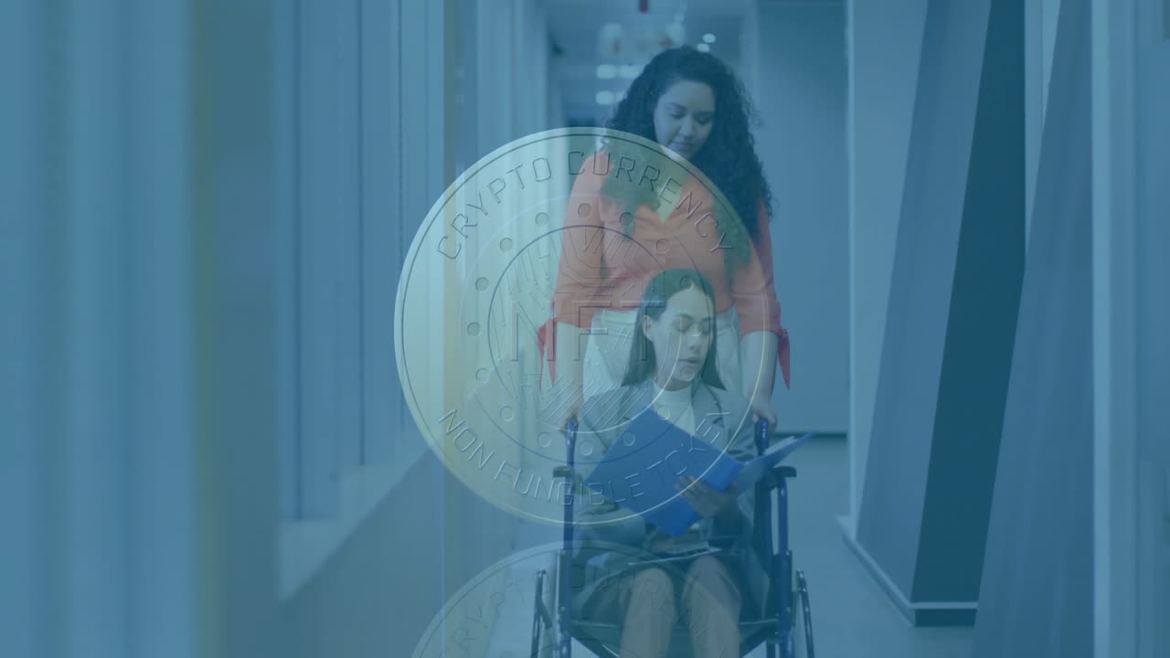 Caregiver pushing wheelchair patient reading blue folder down hallway, showing NFT crypto overlay