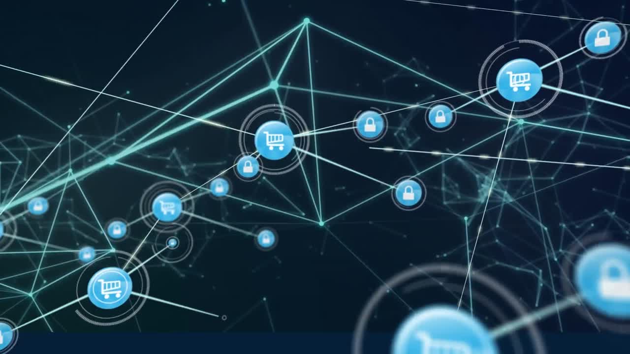 animación de la red de conexiones con iconos de compras en línea sobre senderos de luz verde brillante