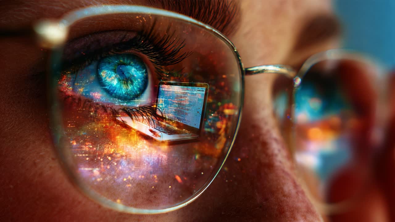 A Thoughtful Glimpse: An Individual Staring Intently Through Spectacles, Their Reflective Lenses Capturing Vibrant Digital Imagery and Glowing Lights from a Nearby Laptop Screen