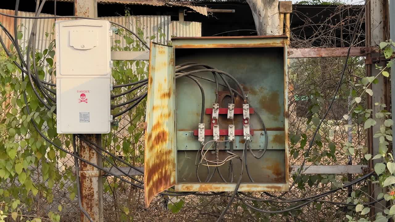 Closeup tracking shot moving across open electrical control box, rusted metal door and exposed wiring visible as camera glides past utility installation in daylight