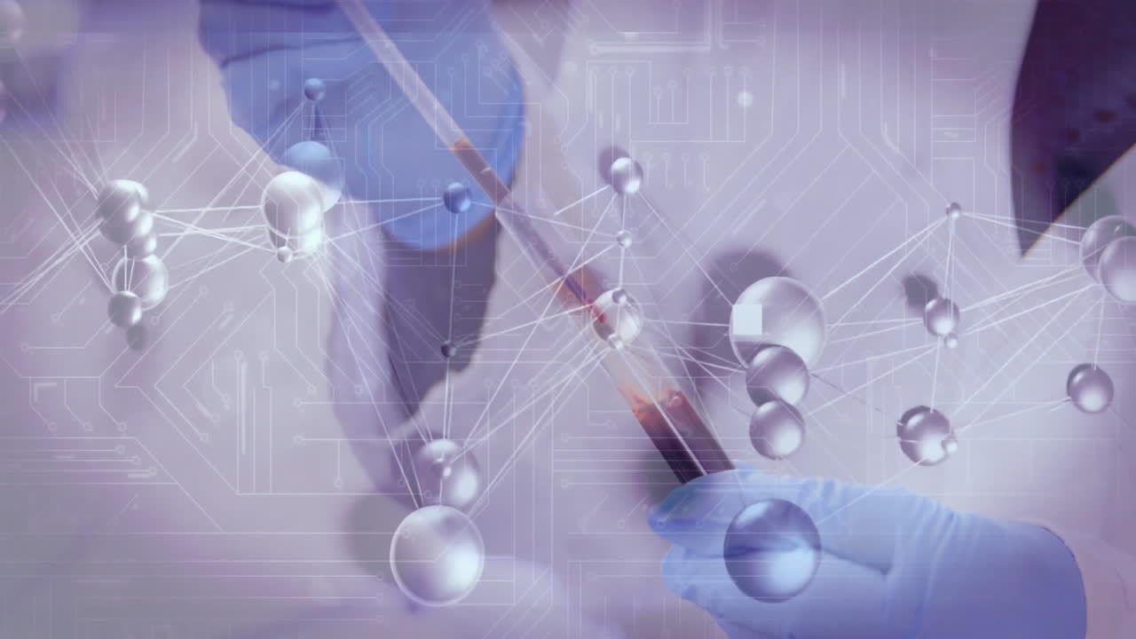 Biotech research scene showing gloved hands holding test tube and pipette, with 3D molecules