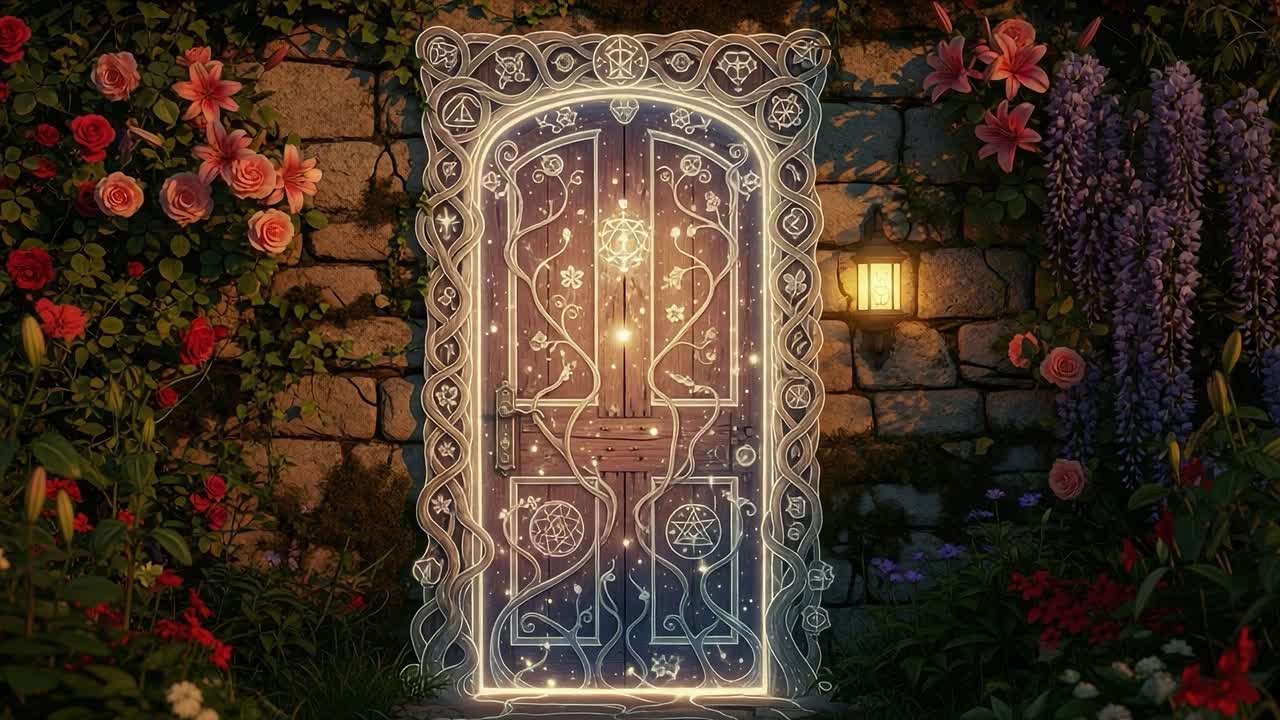 A Magical Doorway Awaits: Discover the Enchanted Entrance Framed by Vibrant Flora and Illuminated Patterns, Leading to an Unknown Realm of Wonder