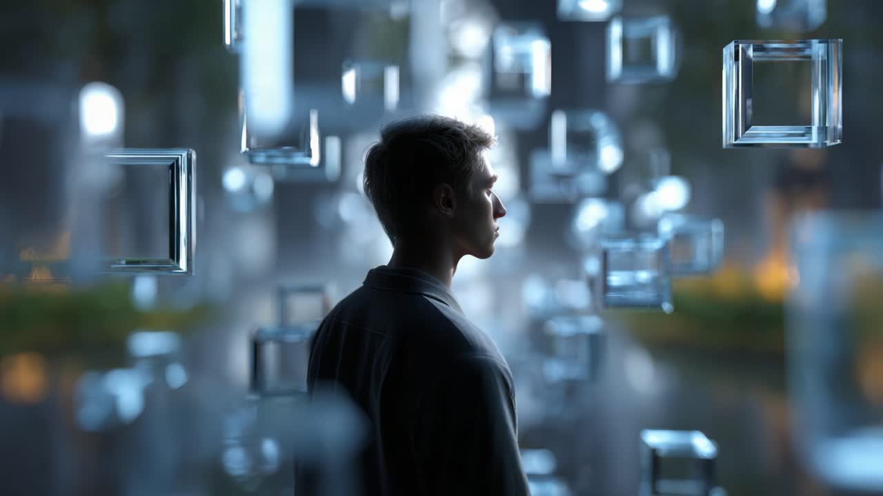 A contemplative figure stands surrounded by floating transparent cubes, exploring themes of abstraction, reflection, and the interplay between reality and digital worlds