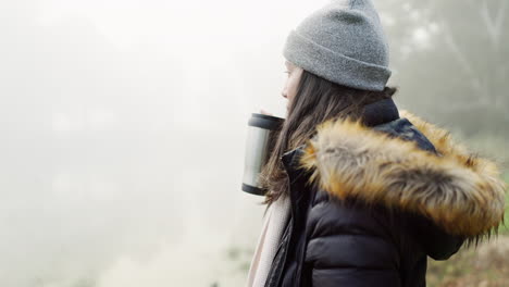 hiking, coffee and a woman in nature