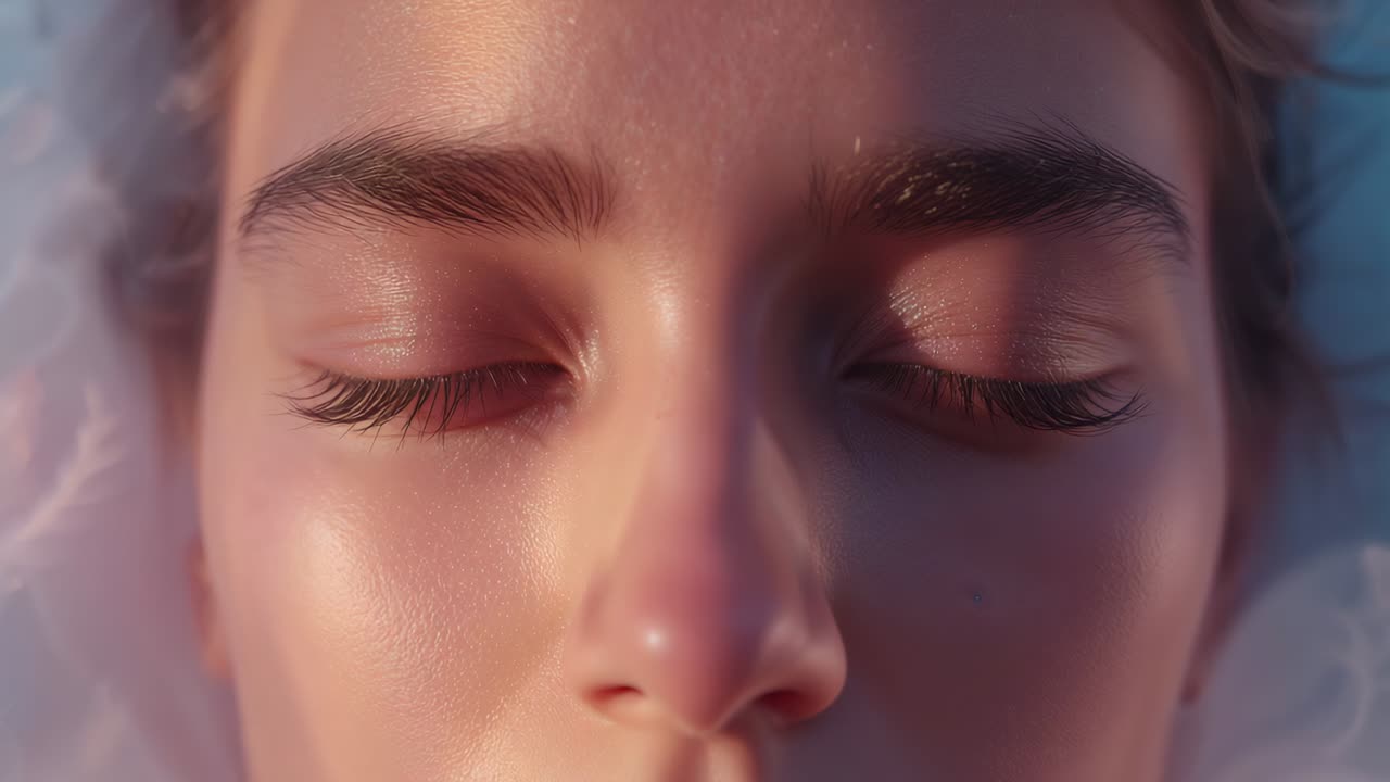 Cámara alejándose, modelo con los ojos cerrados, labios entreabiertos, mostrando la cara en un set con volantes blancos