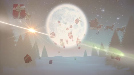 Animation-Des-Weihnachtsmanns-Im-Schlitten-Mit-Rentieren-über-Weihnachtsgeschenken-In-Der-Winterlandschaft