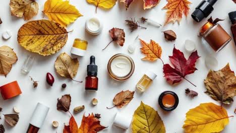 autumn leaves and natural skincare products on white background