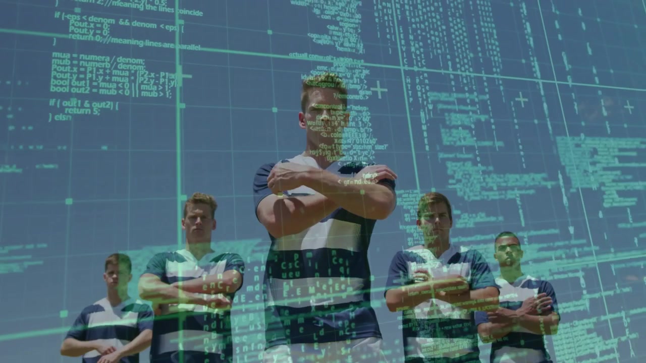 Five athletic men emerging walking under green code filter folding arms highlighting sports unity
