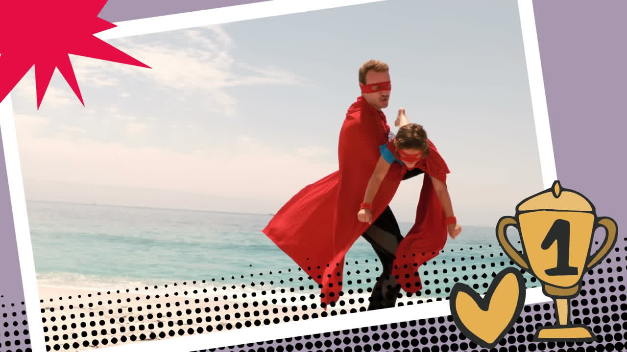 아버지와 아들이 슈퍼히어로를 연기하고 있습니다.