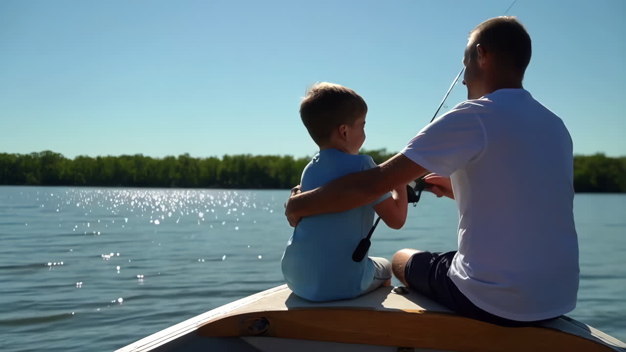 Far og søn fisker sammen på en sø